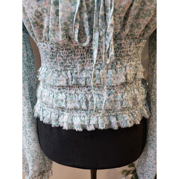 Millibon Blouse Top Womens L Green Floral Ruffled Smocked Tie Front Square Neck - Picture 8 of 12